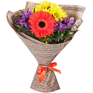 Gerbera red - 1, Bacardi Yellow Spray Chrysanthemum - 2, Alstromeria lilac, purple - 2, Pistachio, Wrapping Paper, Ribbon