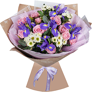 Irises - 7, Santini White Spray Chrysanthemum - 5, Bright pink spray rose mix, 50 cm - 3, Eucalyptus Cinerea, Wrapping Paper