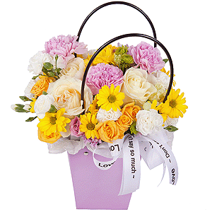 White rose 50 cm - 3, Spray rose: yellow, orange 50 cm - 1, Pink carnation - 4, White spray carnation - 3, Bacardi Yellow Spray Chrysanthemum - 2, Athos pom Feeling Green - 1, Flower bag, Oasis, Ribbon