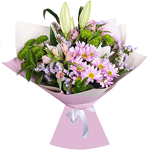 Lilies - 1, Bacardi Pink Spray Chrysanthemum - 3, Athos pom Feeling Green - 2, Alstromeria white, soft pink - 4, Pink Statice, Ruscus, Wrapping Paper