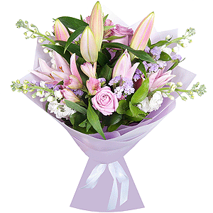 Pink lily - 2, Alstromeria white, soft pink - 4, Pink rose 50 cm - 6, White Matthiola - 4, White statice, Ruscus, Wrapping Paper