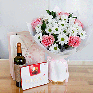 Bacardi White Spray Chrysanthemum - 5, Pink rose 50 cm - 7, Salal, Wrapping Paper, Ribbon, Present bag, Сhocolate box Merci, Non-alcoholic champagne or wine