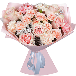 Bright pink spray rose mix, 50 cm - 4, Pink rose 50 cm - 9, Carnation white, cream - 5, Pink carnation - 5, Solidago (1 pc.), Wrapping Paper