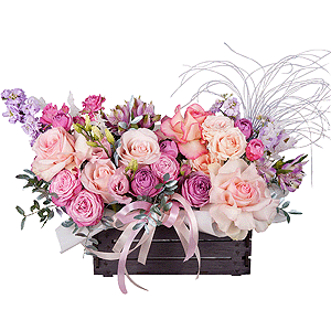Rose Esperance - 3, Matthiola Lilac - 2, Alstromeria lilac, purple - 5, Pink Lisianthus (Eustoma) - 1, Spray rose: white, cream, light pink 50 cm - 4, Rose Pink 50 cm Ecuador (Chelo, Hermosa, Novia, Titanik, Engagement, Pink Mondiale) - 2, Wooden pot, Oasis, Dried flowers in assortment, Pistachio, Wrapping Paper
