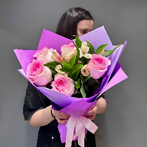 Bouquet "Morning Dawn" with Roses and Alstroemeria with delivery Magnitogorsk