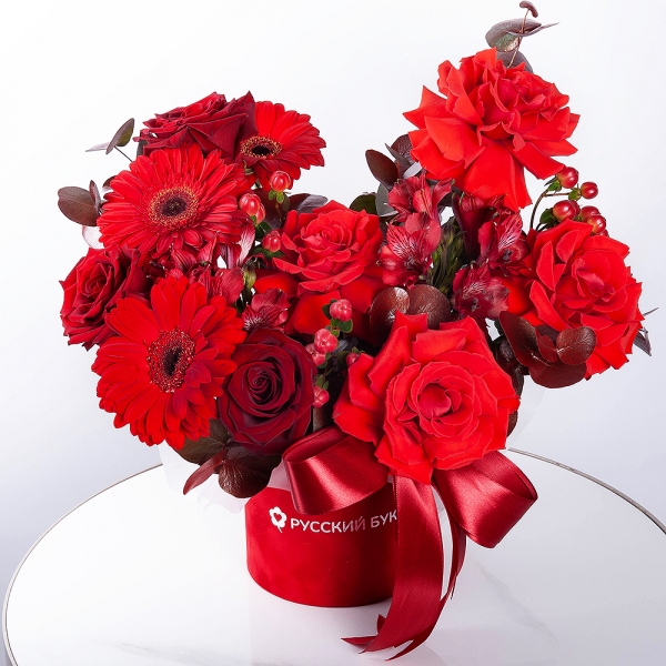 Red rose Nina 50 cm - 6, Rose Red 50 cm Ecuador - 5, Gerbera red - 3, Alstromeria Red, Bright Pink - 7, Round flower box small , Oasis, Ribbon, Hypericum, Eucalyptus