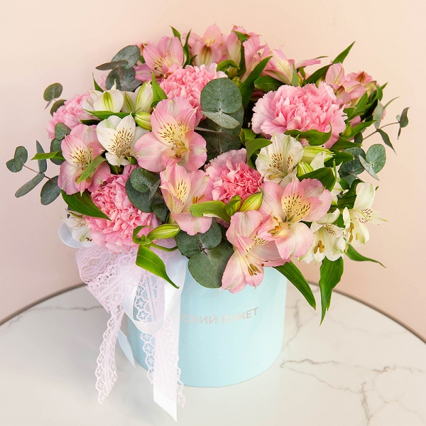 Pink carnation - 13, Alstromeria white, soft pink - 9, Round flower box small , Oasis, Ribbon, Eucalyptus