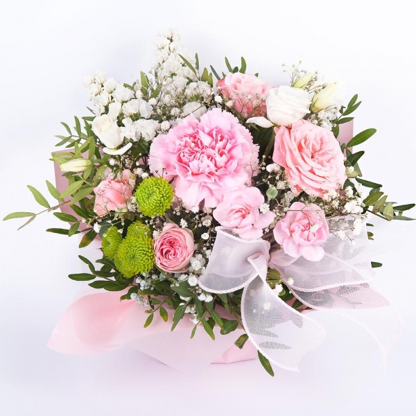 Pink carnation - 3, Gypsophila - 1, Bright pink spray rose mix, 50 cm - 1, Pink spray carnation - 2, Athos pom Feeling Green - 1, White statice, Pistachio, Oasis, Wrapping Paper
