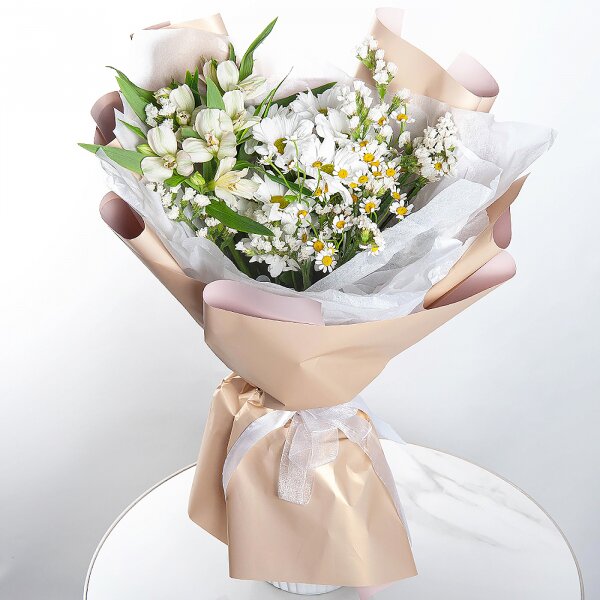 Alstromeria white, soft pink - 4, Bacardi White Spray Chrysanthemum - 1, Chamomile - 2, White statice, Wrapping Paper