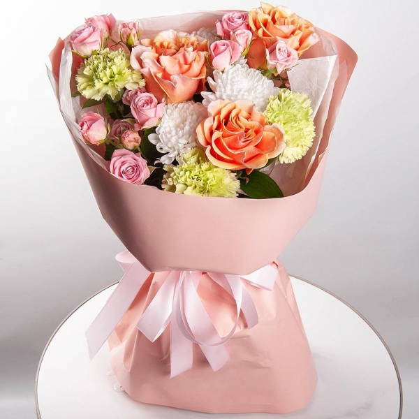 Pink-orange rose Phoenix 50 cm - 3, Baltica White Spray Chrysanthemum - 1, Bright pink spray rose mix, 50 cm - 4, Green carnation - 9, Wrapping Paper