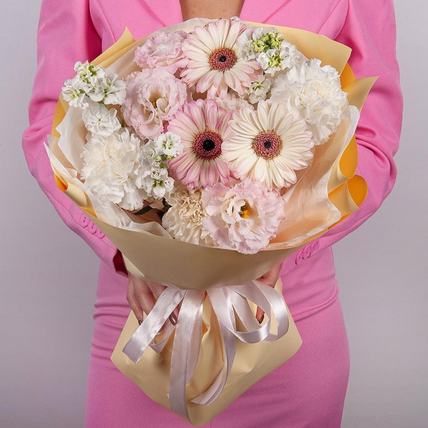 Gerbera pink - 5, Pink Lisianthus (Eustoma) - 2, Carnation white, cream - 5, Baltica White Spray Chrysanthemum - 1, White Matthiola - 3, Wrapping Paper