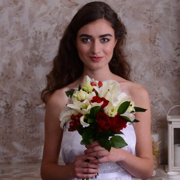 Lilies - 2, Red rose 50 cm - 3, lisianthus - 2, Hypericum, Ruscus, Ribbon
