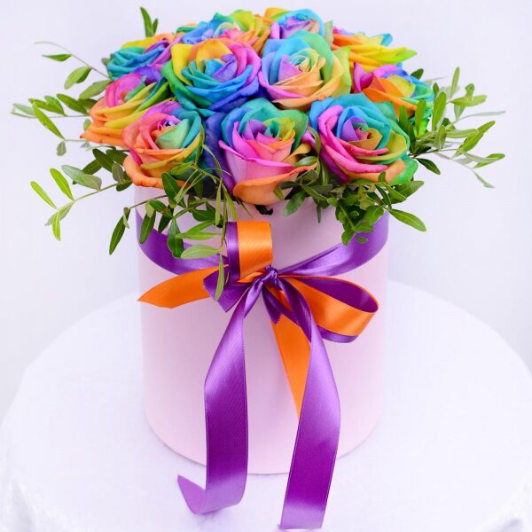 Rainbow rose - 13, Round flower box small , Oasis, Pistachio, Ribbon