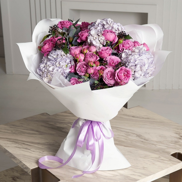 Blue/purple hydrangea - 3, Spray peony rose Misty Bubbles, 50 cm - 17, Viburnum, Eucalyptus Cinerea, Wrapping Paper