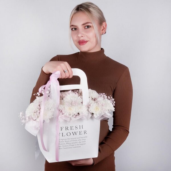 Baltica White Spray Chrysanthemum - 4, Colored gypsophila - 3, Flower bag, Oasis, Ribbon