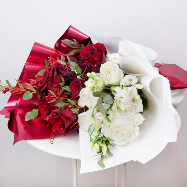 White rose 50 cm - 6, Red rose 50 cm - 6, lisianthus - 3, Spray rose: red 50 cm - 2, Spray rose: white, cream, light pink 50 cm - 4, Solidago (1 pc.), Ruscus, Dried flowers decor, Wrapping Paper, Eucalyptus parvifolia (1 pc.)