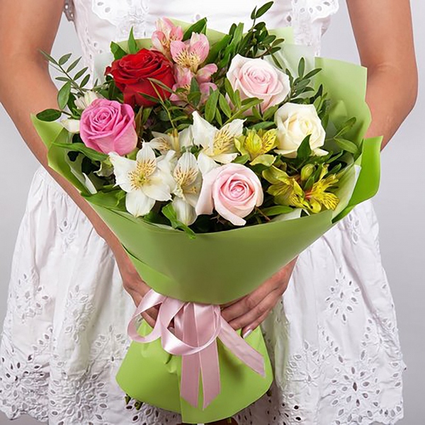 Red rose 50 cm - 2, Alstromeria Yellow, Orange - 2, Alstromeria white, soft pink - 2, Pink rose 50 cm - 3, White rose 50 cm - 2, Pistachio, Wrapping Paper