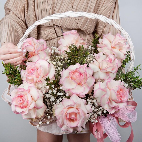 Rose Esperance - 15, Gypsophila - 3, Medium Basket, Pistachio, Oasis, Wrapping Paper