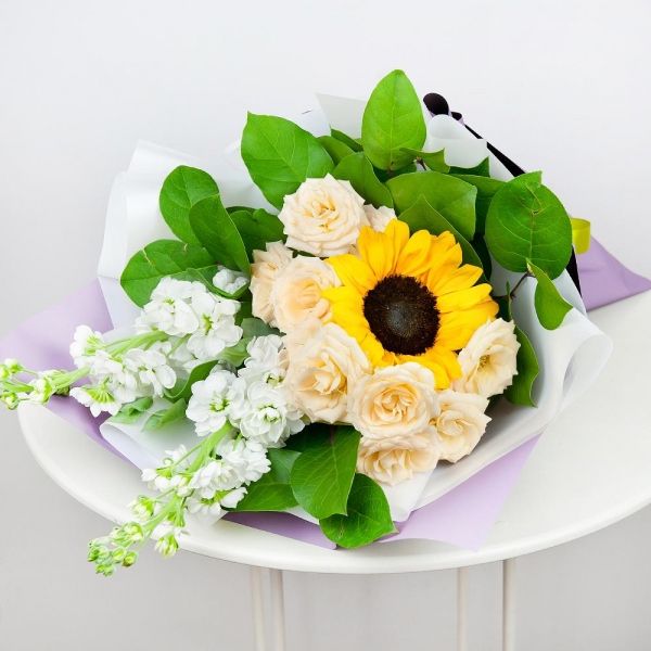 Sunflower - 2, White Matthiola - 3, Spray rose: white, cream, light pink 50 cm - 3, Salal, Eucalyptus Cinerea, Wrapping Paper