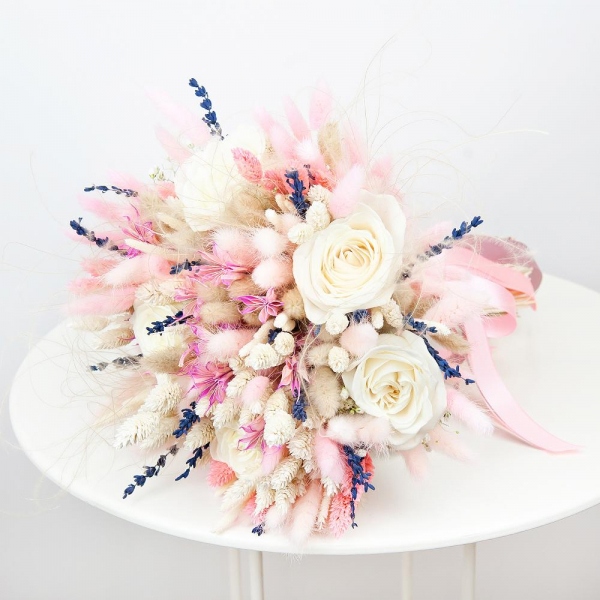 White rose 50 cm - 7, Dried flowers in assortment, Ribbon