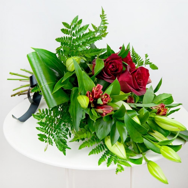 Lilies - 3, Alstromeria Red, Bright Pink - 5, Red rose 50 cm - 5, Fern (1 pc.), Aspidistra (1 pc.), Ruscus, Ribbon