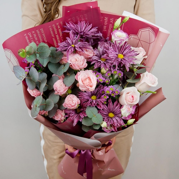 Bacardi Pink Spray Chrysanthemum - 4, Pink rose 50 cm - 5, Bright pink spray rose mix, 50 cm - 4, Daisy poms Santini pink, purple - 4, Pink Lisianthus (Eustoma) - 3, Eucalyptus Cinerea, Wrapping Paper