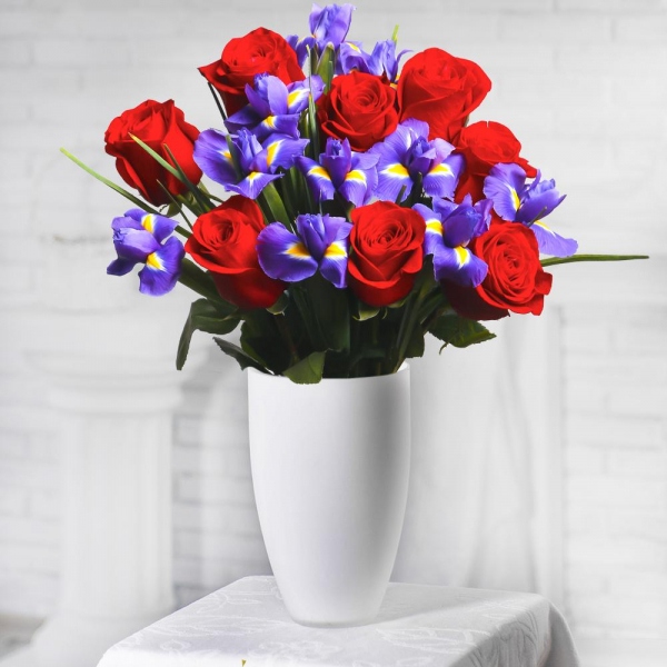 Irises - 18, Red rose 50 cm - 14, Ribbon