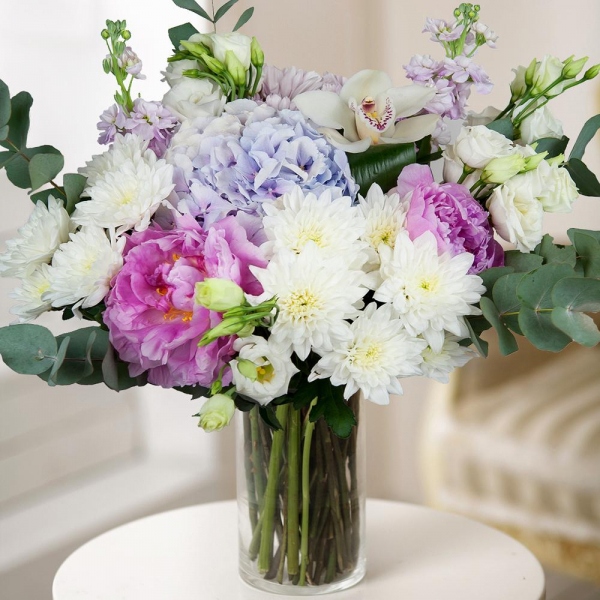 Blue/purple hydrangea - 3, Peony pink - 3, White Cymbidium Orchid Bud - 2, Baltica White Spray Chrysanthemum - 2, Matthiola Lilac - 3, lisianthus - 4, Baltica Pink Spray Chrysanthemum - 2, Flask for orchids, Aspidistra (1 pc.), Eucalyptus Cinerea, Wrapping Paper