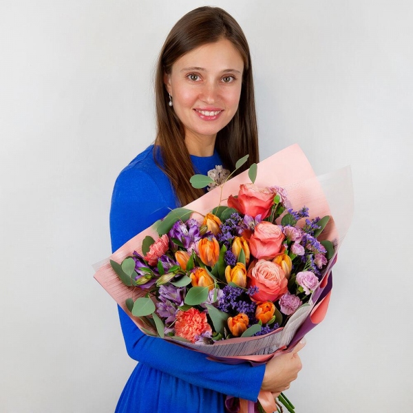 Alstromeria lilac, purple - 6, Orange tulip - 15, Pink spray carnation - 5, Orange carnation - 4, Peony rose Kahala 50 cm - 5, Limonium (1 pc.), Eucalyptus populus (1 pc.), Wrapping Paper, Ribbon
