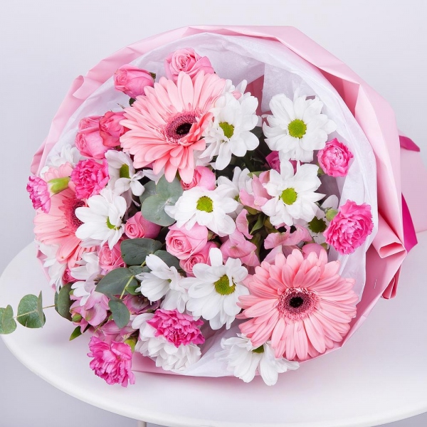 Gerbera pink - 3, Bacardi White Spray Chrysanthemum - 4, Pink spray carnation - 5, Alstromeria white, soft pink - 4, Bright pink spray rose mix, 50 cm - 3, Eucalyptus Cinerea, Wrapping Paper