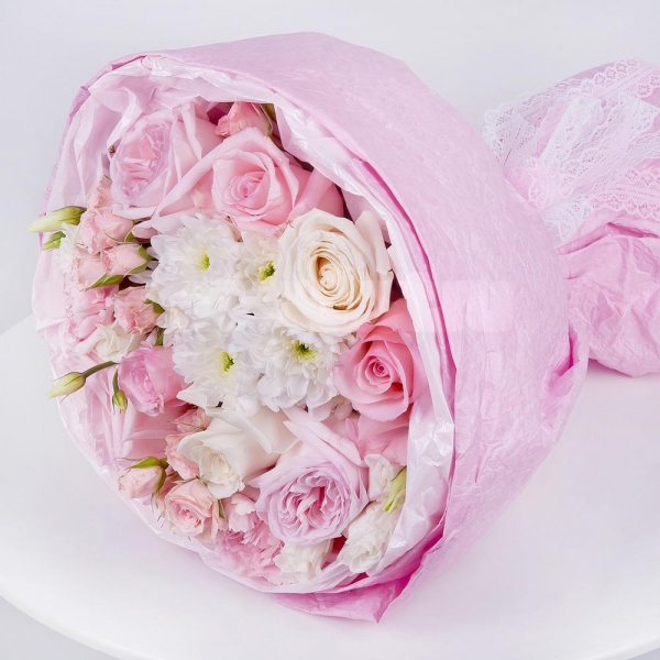 Pink rose 50 cm - 4, White rose 50 cm - 3, Baltica White Spray Chrysanthemum - 2, Peony rose pink 'OHara' - 3, Bright pink spray rose mix, 50 cm - 4, Pink carnation - 3, lisianthus - 2, Wrapping Paper