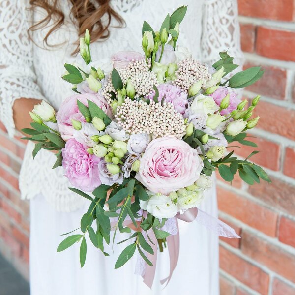 Peony rose pink 'OHara' - 4, Pink carnation - 5, lisianthus - 2, Spray rose: white, cream, light pink 50 cm - 4, Purple Lisianthus (Eustoma) - 2, Ozotamnus, Eucalyptus parvifolia (1 pc.), Ribbon