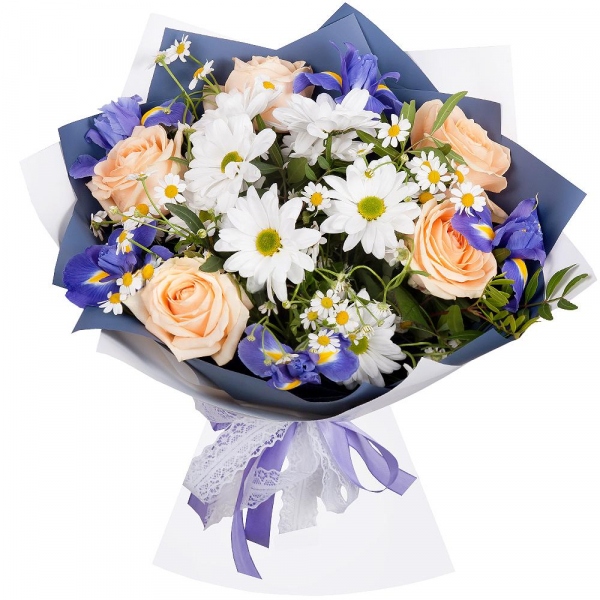 Irises - 8, Rose Cream 50 cm - 7, Bacardi White Spray Chrysanthemum - 2, Gypsophila - 2, Pistachio, Wrapping Paper