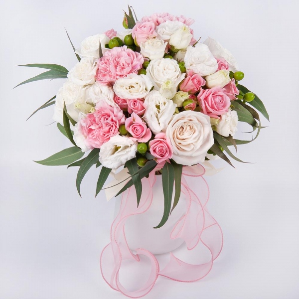 White rose 50 cm Ecuador - 7, Bright pink spray rose mix, 50 cm - 4, Pink carnation - 4, lisianthus - 4, Hypericum, Eucalyptus, Ribbon