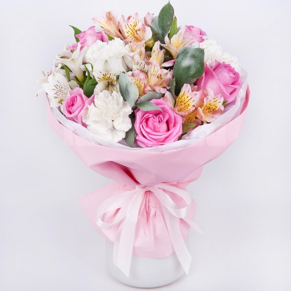 Pink rose 50 cm - 7, Carnation white, cream - 4, Alstromeria white, soft pink - 5, Ruscus, Wrapping Paper, Ribbon