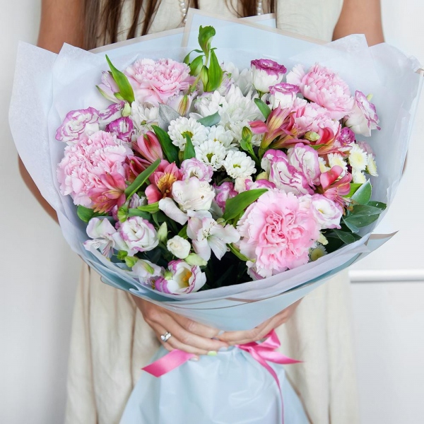 Pink carnation - 8, Alstromeria white, soft pink - 5, Santini White Spray Chrysanthemum - 3, Baltica White Spray Chrysanthemum - 3, Athos poms Stallion - 3, Pink Lisianthus (Eustoma) - 3, Ruscus, Wrapping Paper