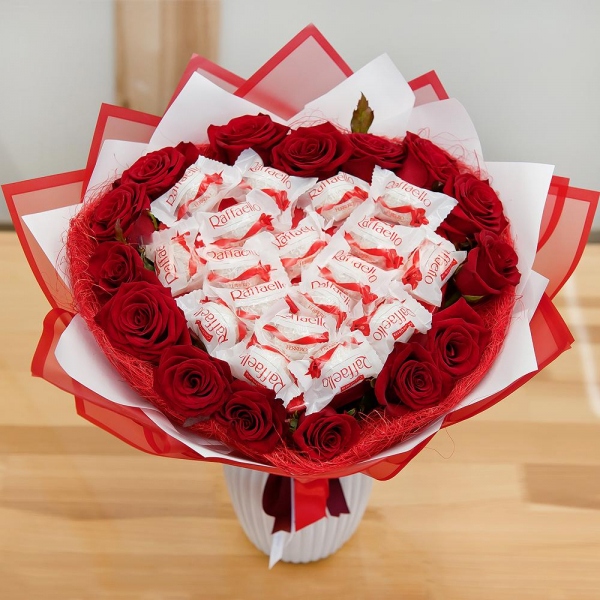 Red rose 50 cm - 19, Box of candies «Raffaello» 150 g, Bouquet frame structure, Wrapping Paper, Ribbon