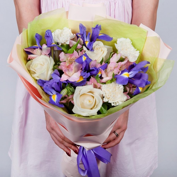 Irises - 5, White rose 50 cm - 5, Alstromeria white, soft pink - 4, Carnation white, cream - 5, Wrapping Paper