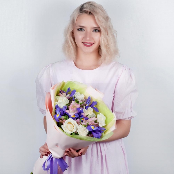 Irises - 5, White rose 50 cm - 5, Alstromeria white, soft pink - 4, Carnation white, cream - 5, Wrapping Paper
