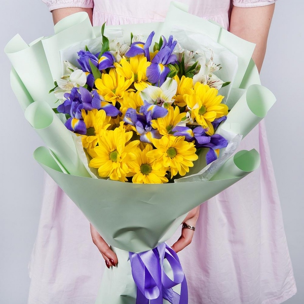 Bacardi Yellow Spray Chrysanthemum - 4, Irises - 7, Alstromeria white, soft pink - 5, Wrapping Paper