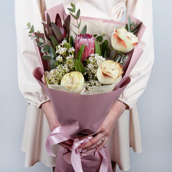 Peony style roses - 7, Protea, Waxflower (1 pc.), Leukodendron, Eucalyptus Cinerea, Wrapping Paper