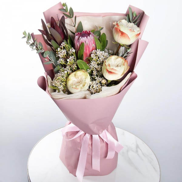 Peony style roses - 7, Protea, Waxflower (1 pc.), Leukodendron, Eucalyptus Cinerea, Wrapping Paper