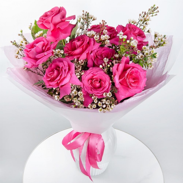 Rose Fuchsia 50 cm Ecuador (Pink Floyd, Topaz, Cherry Lady, Gotcha) - 11, Waxflower (1 pc.), Pistachio, Wrapping Paper