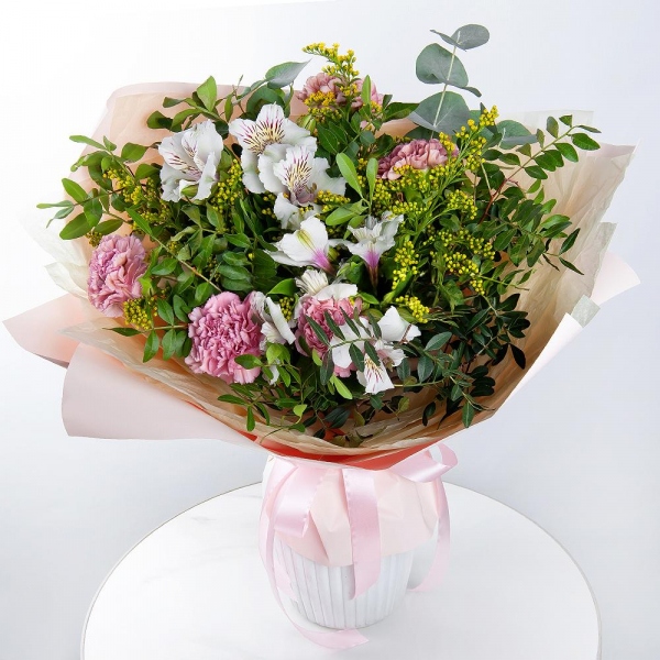 Pink carnation - 8, Alstromeria white, soft pink - 3, Solidago (1 pc.), Pistachio, Eucalyptus, Wrapping Paper