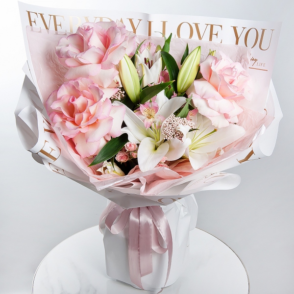 Lilies - 1, Rose Esperance - 5, Alstromeria white, soft pink - 7, Bright pink spray rose mix, 50 cm - 2, Ozotamnus, Wrapping Paper