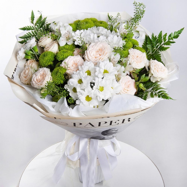 Bacardi White Spray Chrysanthemum - 2, Peony sprayrose - 3, Alstromeria white, soft pink - 7, White spray carnation - 6, Athos pom Feeling Green - 3, Green bell (1 pc.), Fern (1 pc.), Wrapping Paper