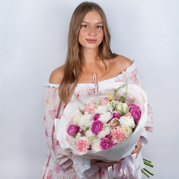 Spray peony rose Misty Bubbles, 50 cm - 3, Baltica White Spray Chrysanthemum - 5, White Matthiola - 2, Pink Lisianthus (Eustoma) - 2, Alstromeria white, soft pink - 5, White rose 50 cm - 6, Pink carnation - 6, Green bell (1 pc.), Wrapping Paper
