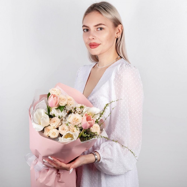 Tulip white - 5, Spray rose: white, cream, light pink 50 cm - 4, Baltica White Spray Chrysanthemum - 1, Pink tulip - 4, Artificial branch, Waxflower (1 pc.), Wrapping Paper