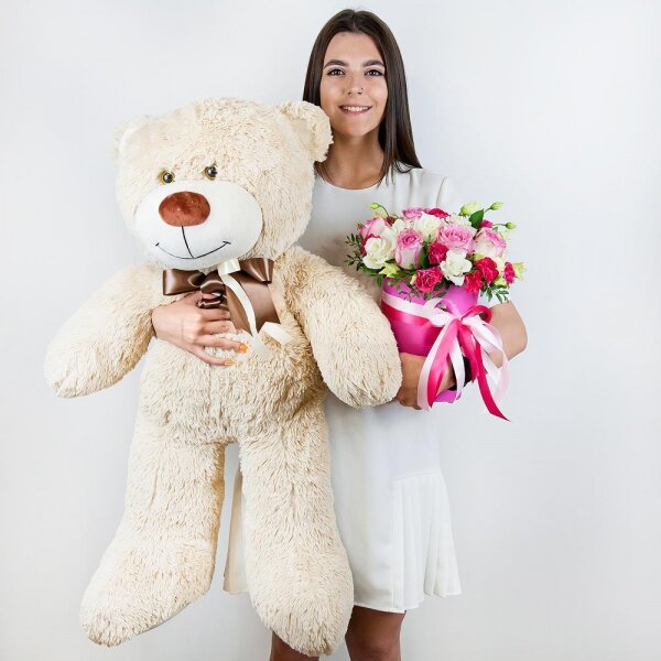 Pink rose 50 cm - 10, lisianthus - 4, Pink spray carnation - 4, Round flower box small , Oasis, Film, Pistachio, Ruscus, Ribbon, Teddy bear 70 cm