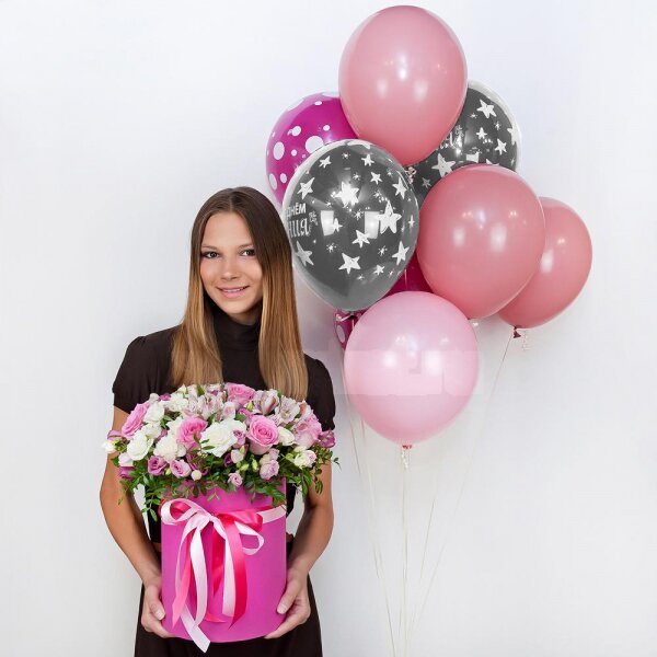 Pink rose 50 cm - 9, Alstromeria white, soft pink - 4, Spray rose: white, cream, light pink 50 cm - 8, Pink Lisianthus (Eustoma) - 4, Round flower box medium, Oasis, Film, Pistachio, Helium Balloon (1 pc.), Ribbon
